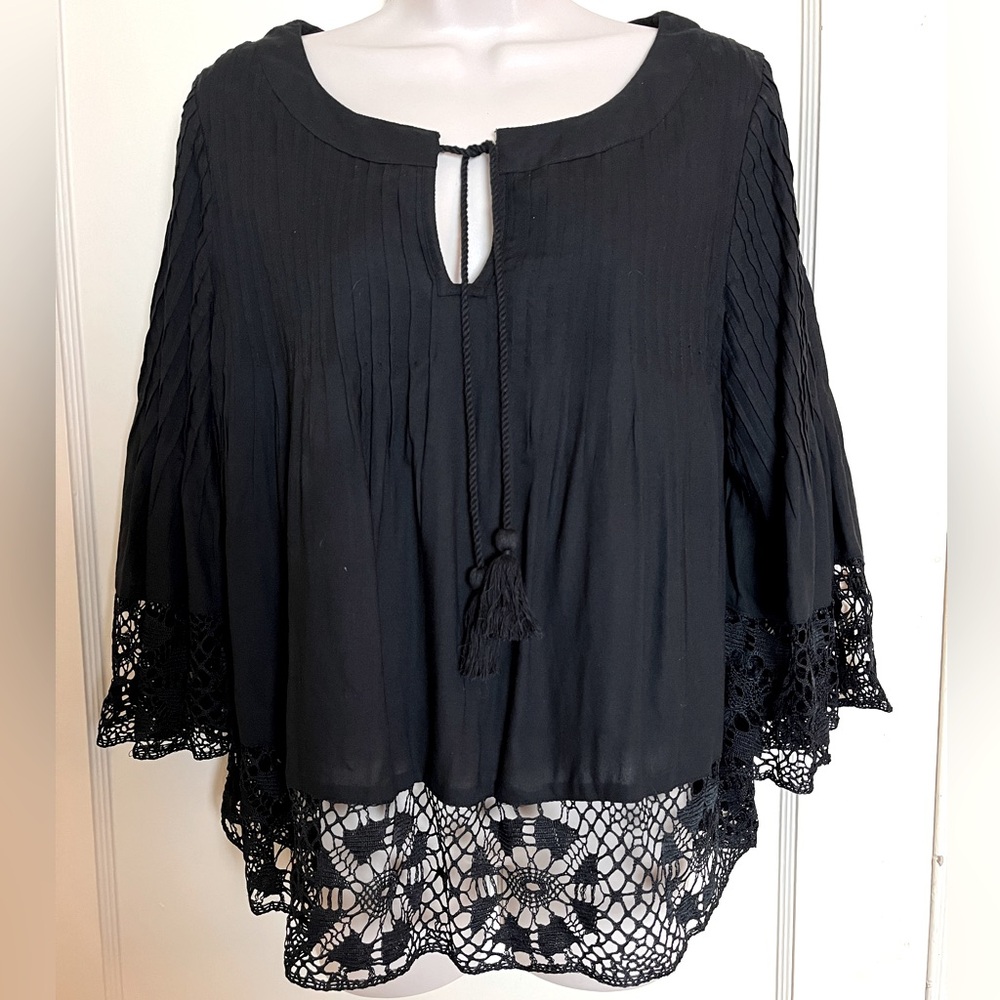 Tularosa Huxley Pintuck Pleated Swing Blouse with Lace Borders